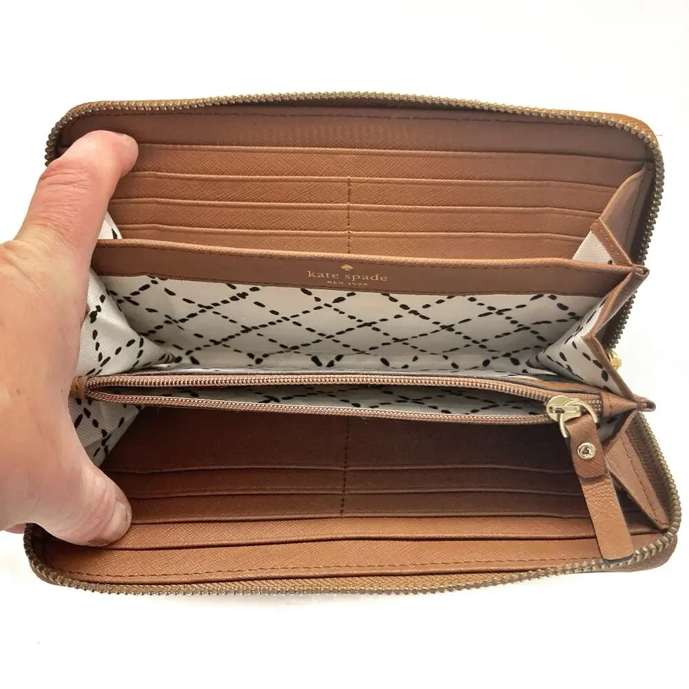 Kate Spade Cognac Saffiano Leather Zip Around Continental Wallet Gold Logo 2010s